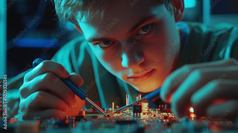A Focused Young Technician Works on a Circuit Board in a Dimly Lit Lab, Using Precise Tools to Repair Electronic Components During an Evening Session A Focused Young Technician Works on a Circuit Board in a Dimly Lit Lab, Using Precise Tools to Repair Electronic Components During an Evening Session