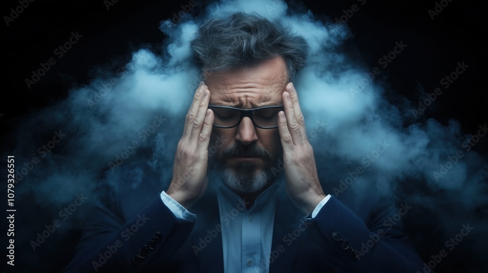 suited man presses his temples, appearing overwhelmed, as swirling fog envelops him, enhancing the tense atmosphere of the moment suited man presses his temples, appearing overwhelmed, as swirling fog envelops him, enhancing the tense atmosphere of the moment