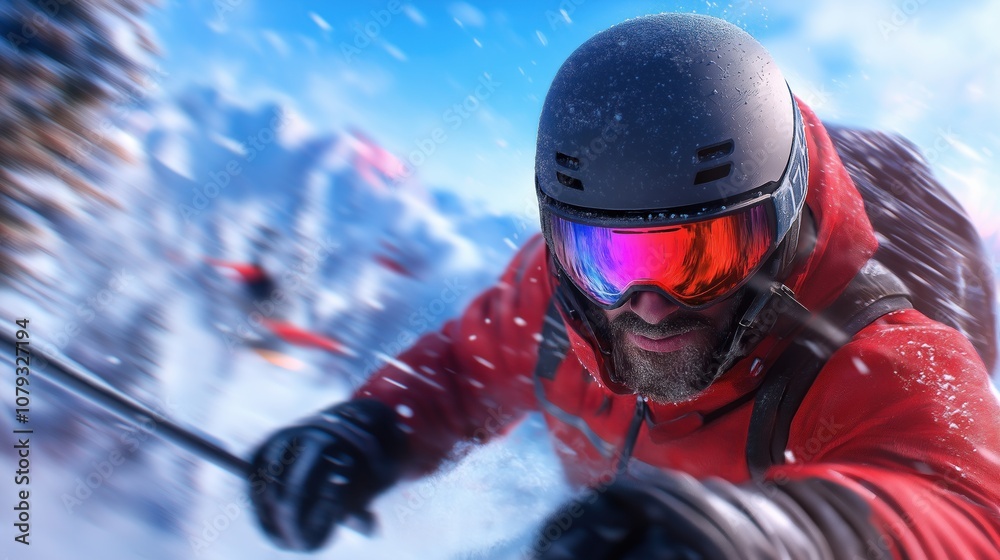 skier, wearing a vibrant red jacket and protective gear, skillfully maneuvers down a snowy slope, capturing a selfie against a backdrop of majestic mountains and bright blue skies skier, wearing a vibrant red jacket and protective gear, skillfully maneuvers down a snowy slope, capturing a selfie against a backdrop of majestic mountains and bright blue skies