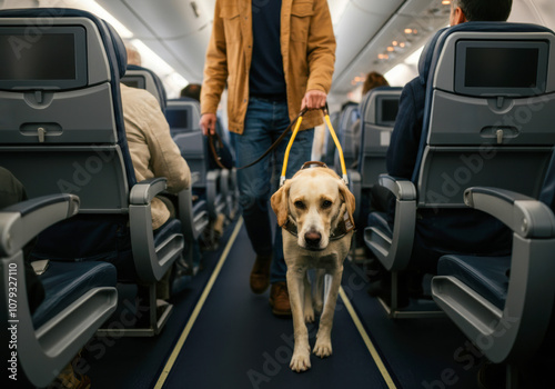 Service dog walking down the aisle of an airplane with a handler assisting passengers during a flight