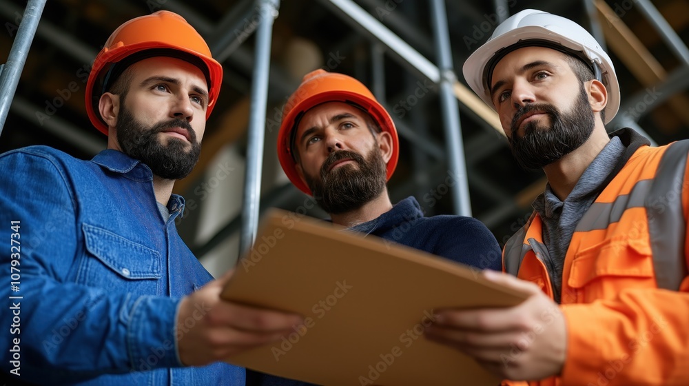 Obraz premium Three construction workers in safety helmets engage in a discussion about project plans at a construction site, focusing intently on their shared task as they ensure safety and accuracy