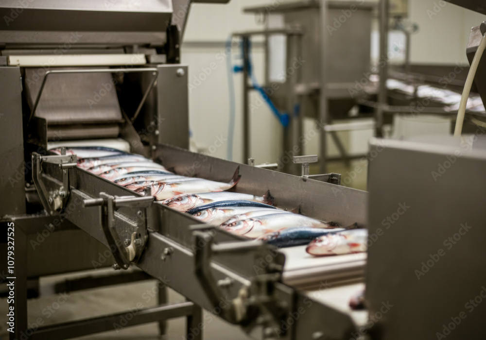 Processing fresh fish on a conveyor belt in a seafood facility during daylight hours Processing fresh fish on a conveyor belt in a seafood facility during daylight hours