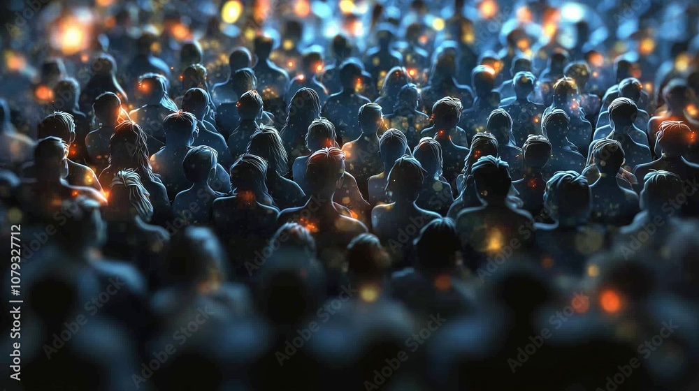 Fototapeta premium A crowd of people lit by soft lights, creating a mesmerizing and atmospheric scene full of movement and energy.