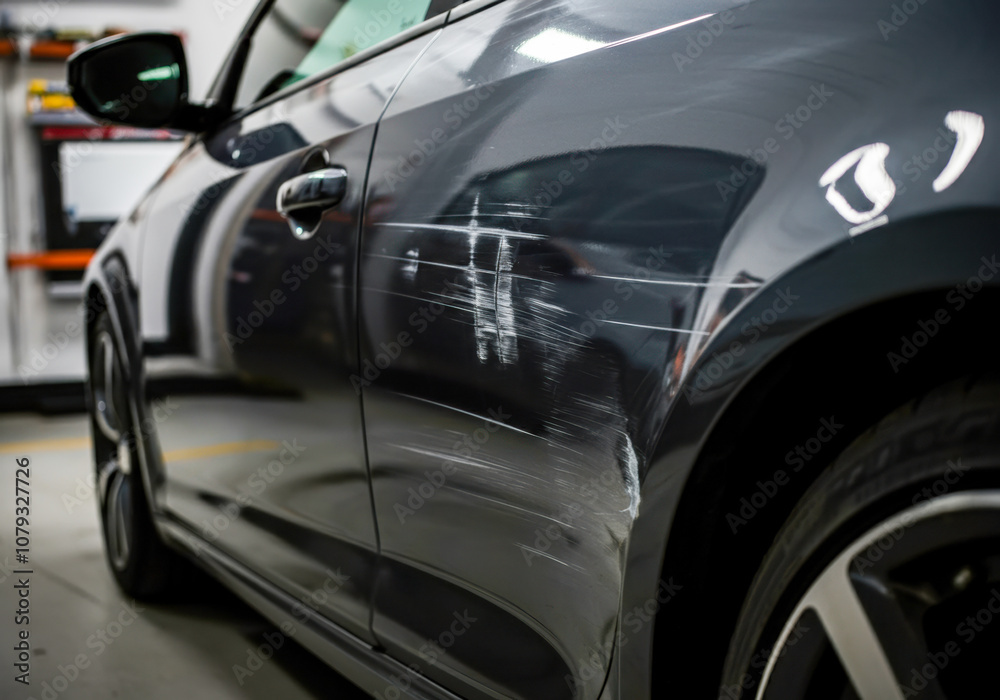 A scratched car parked in a garage with visible marks on the side from an unknown incident