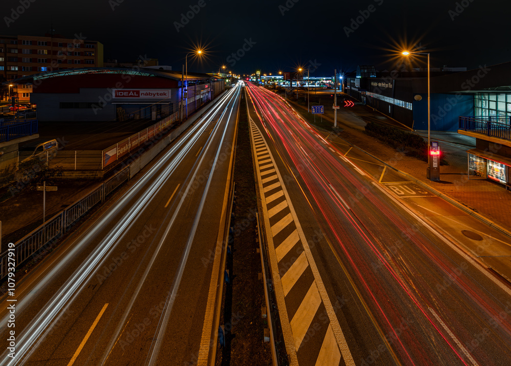 Car light lines on streets in autumn night in Ceske Budejovice CZ 11 12 ...