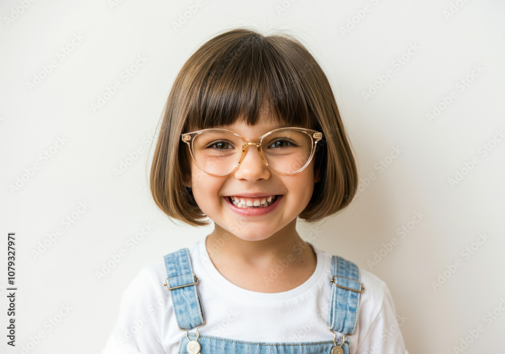 Fototapeta premium A cheerful young girl with glasses smiles brightly while wearing denim overalls, standing against a plain white background