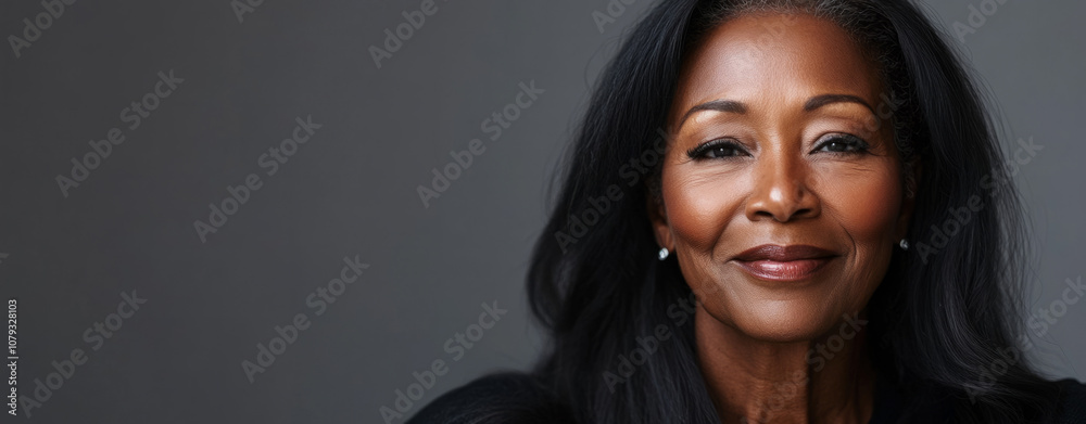 Portrait of a smiling woman with long black hair against a neutral background Portrait of a smiling woman with long black hair against a neutral background