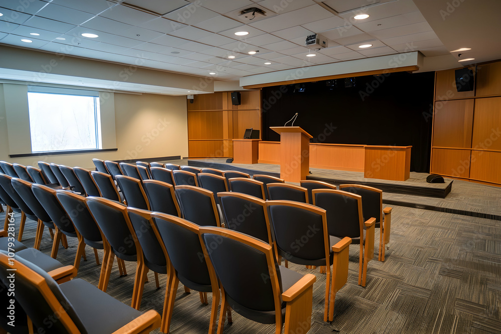 Fototapeta premium The large conference room has chairs facing a wooden podium, set for presentations