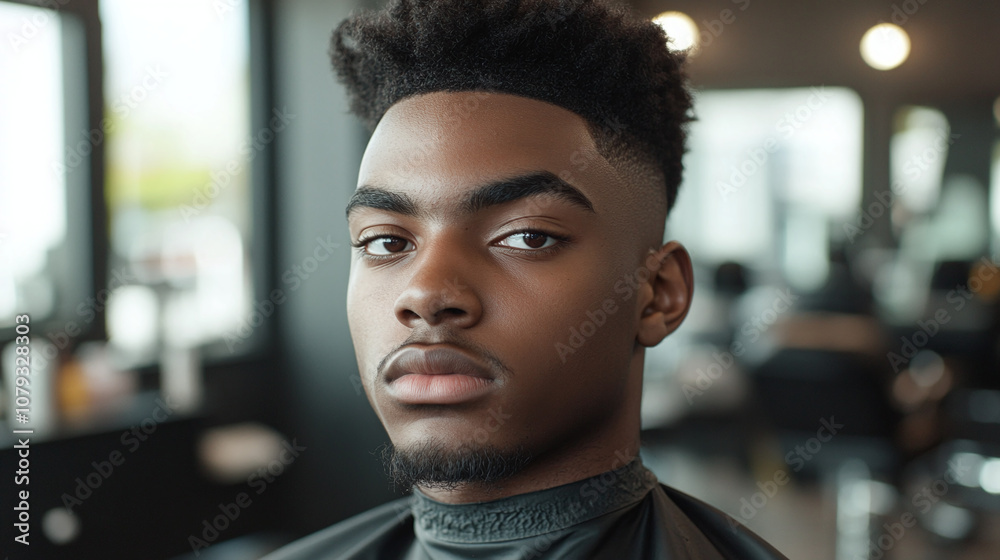 A Young Man Sits in a Barbershop Chair, Awaiting His Haircut, Showcasing a Stylish Haircut and Thoughtful Expression in a Modern Barbering Space
