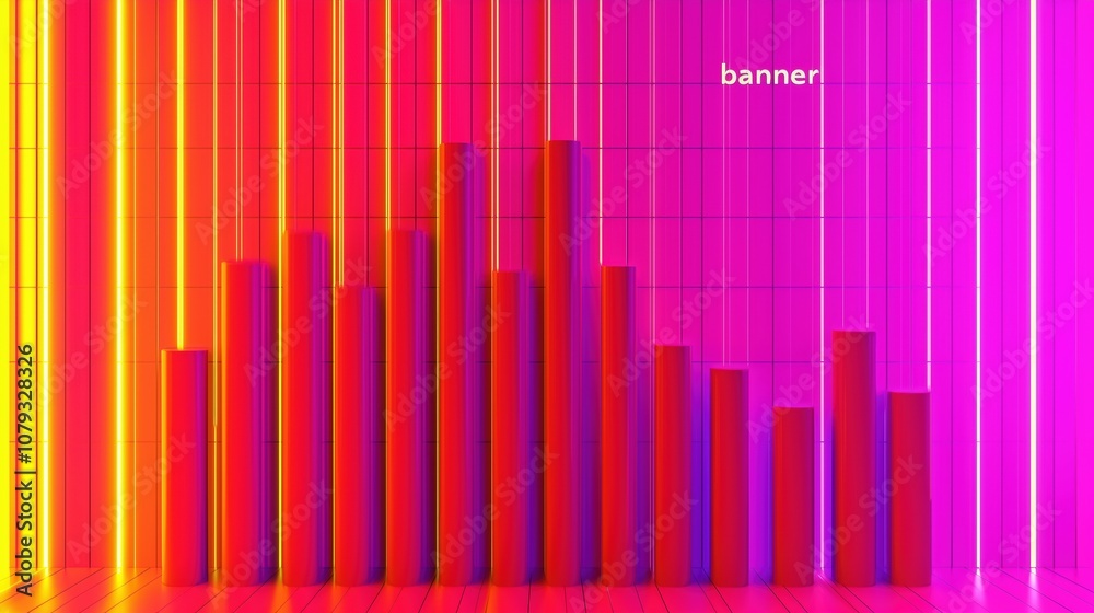 A vibrant digital background featuring a gradient of pink and orange with vertical lines and bar graphs, highlighted by the word 