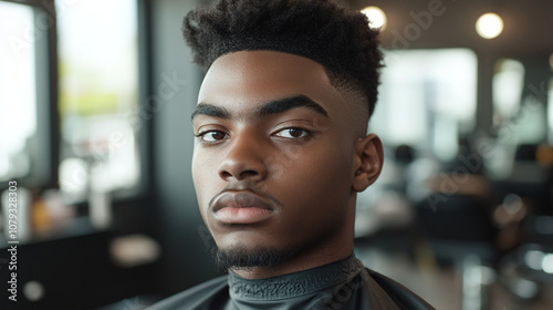 Obraz na płótnie A Young Man Sits in a Barbershop Chair, Awaiting His Haircut, Showcasing a Stylish Haircut and Thoughtful Expression in a Modern Barbering Space w salonie