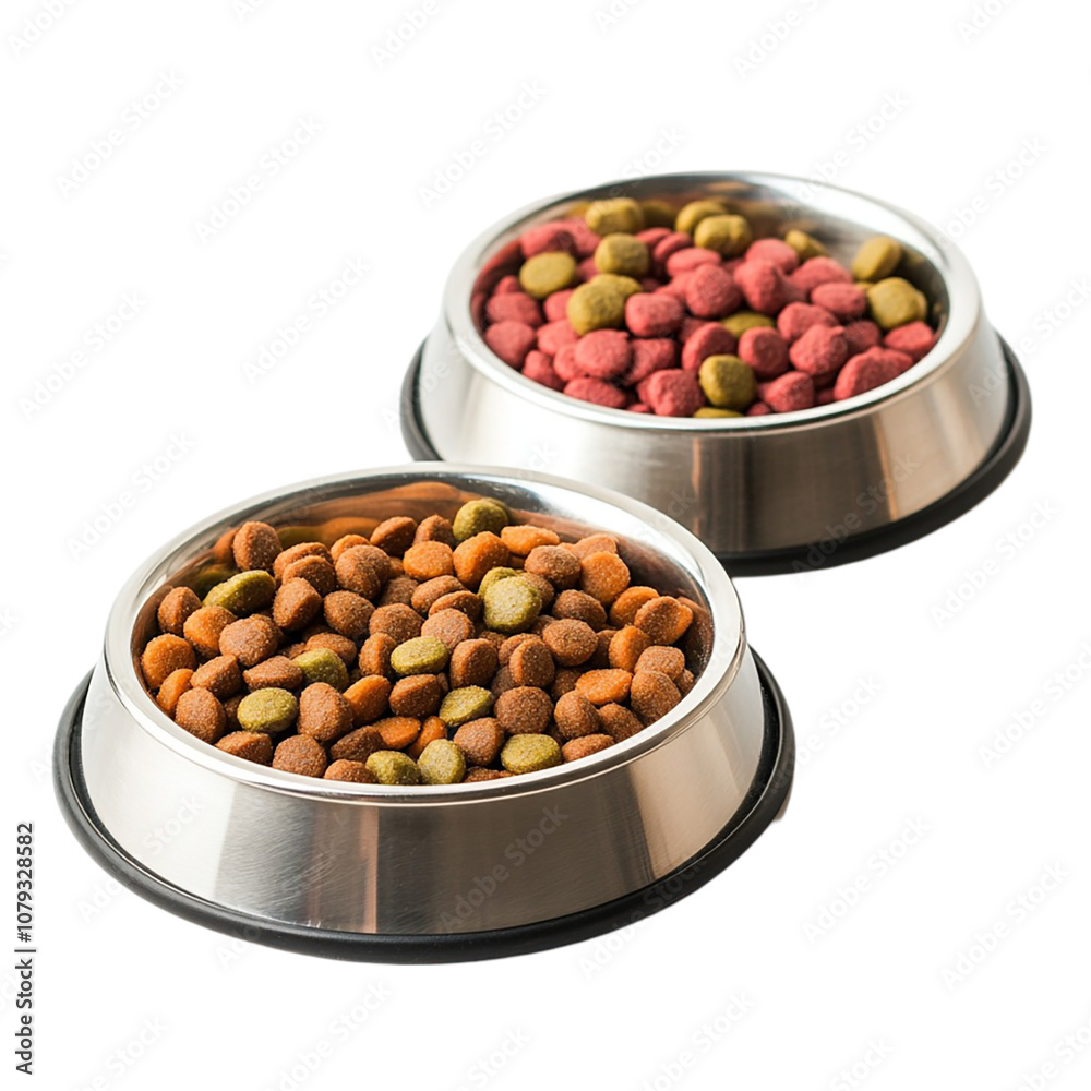Full and empty pet food bowl with meal, food isolated on transparent background. Full and empty pet food bowl with meal, food isolated on transparent background.