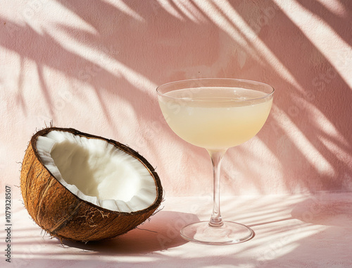 Refreshing coconut cocktail served in a glass beside a coconut shell photo