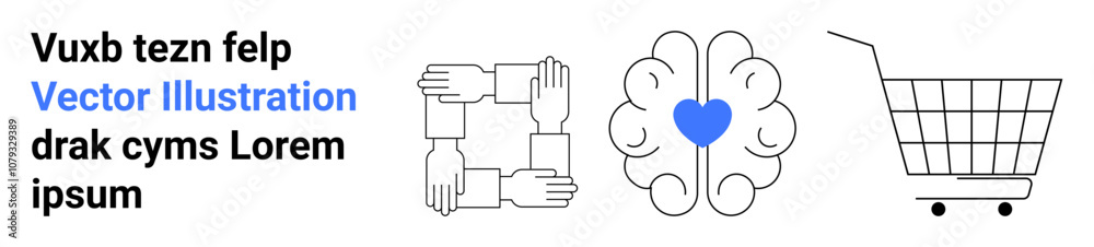 Four interconnected hands, a brain with a heart at its center, and a shopping cart. Ideal for teamwork, mental health awareness, e-commerce, collaboration, and community support. Banner for landing Four interconnected hands, a brain with a heart at its center, and a shopping cart. Ideal for teamwork, mental health awareness, e-commerce, collaboration, and community support. Banner for landing