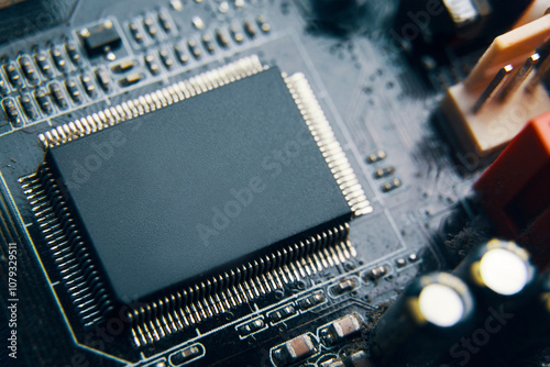 A detailed view of a microchip on a circuit board, showcasing various electronic components skillfully