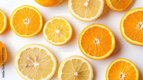Obraz na płótnie Slices of orange and lemon on a white background w salonie