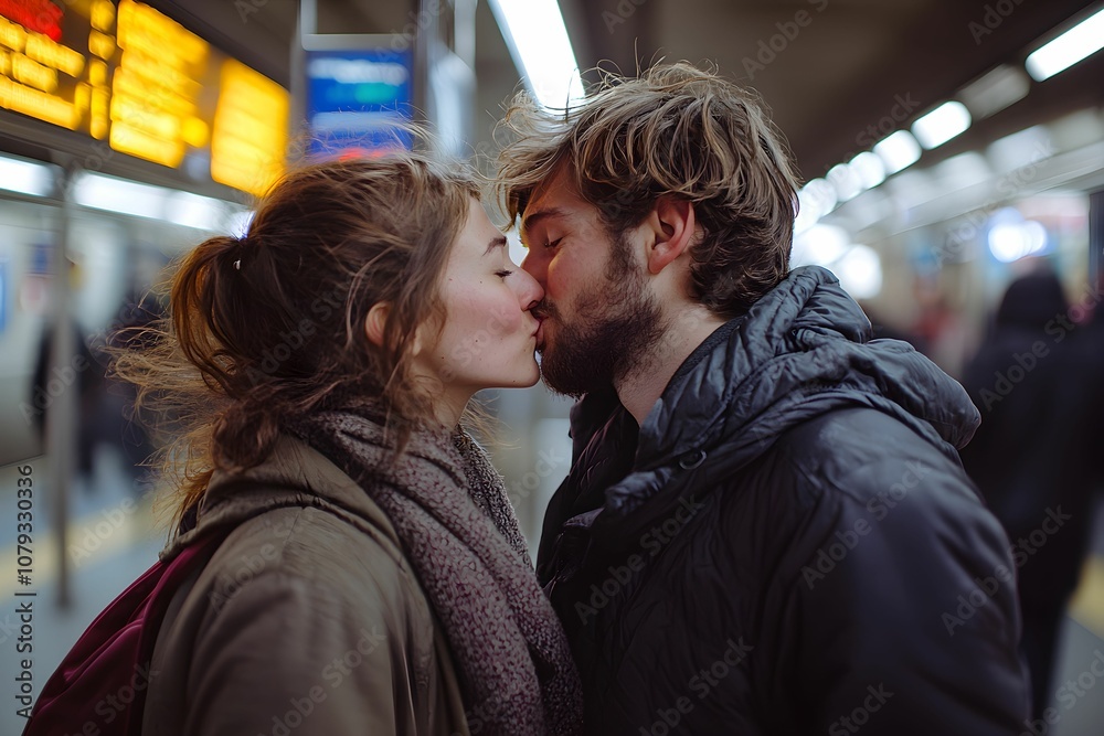 Couple kissing in a subway station during a cold winter evening Couple kissing in a subway station during a cold winter evening