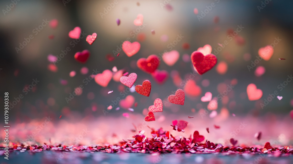 Colorful hearts and flower petals scattered on a surface during celebration Colorful hearts and flower petals scattered on a surface during celebration