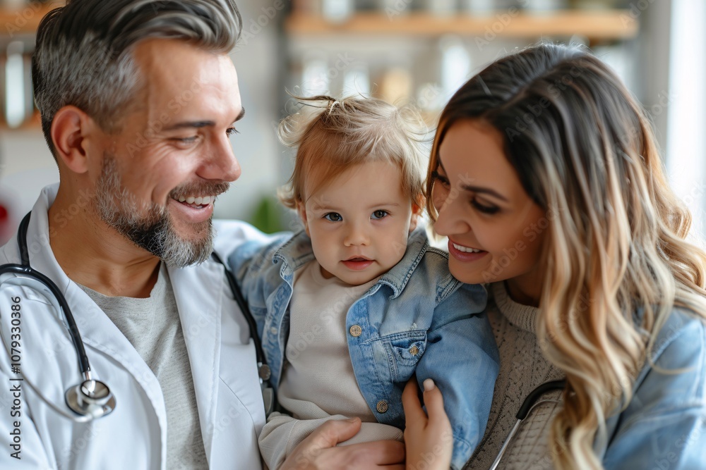 A joyful doctor and nurse smile while holding their young child in a welcoming clinic, showcasing a moment of family care A joyful doctor and nurse smile while holding their young child in a welcoming clinic, showcasing a moment of family care