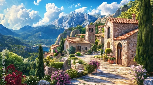 Peaceful landscape of Mediterranean village under the setting sun in art