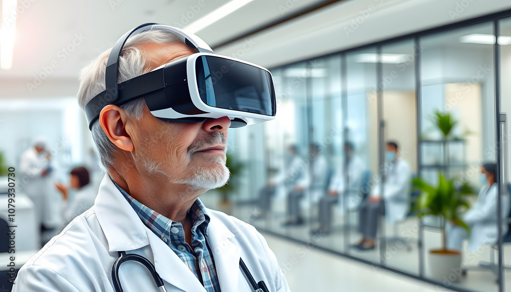 Senior physician using VR glasses in modern private clinic to study diseases in virtual space and modern technology. In the background modern clinic with glass walls and patients with doctors in iso Senior physician using VR glasses in modern private clinic to study diseases in virtual space and modern technology. In the background modern clinic with glass walls and patients with doctors in iso