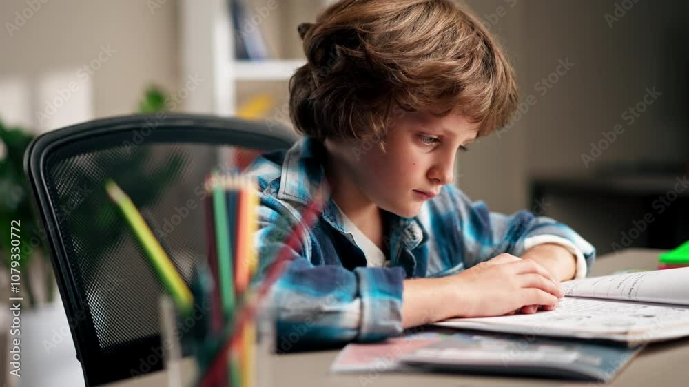 close up in the children's room a schoolboy in a white sweater and a blue checkered shirt at a desk doing homework on his studies writing difficult task children's suffering