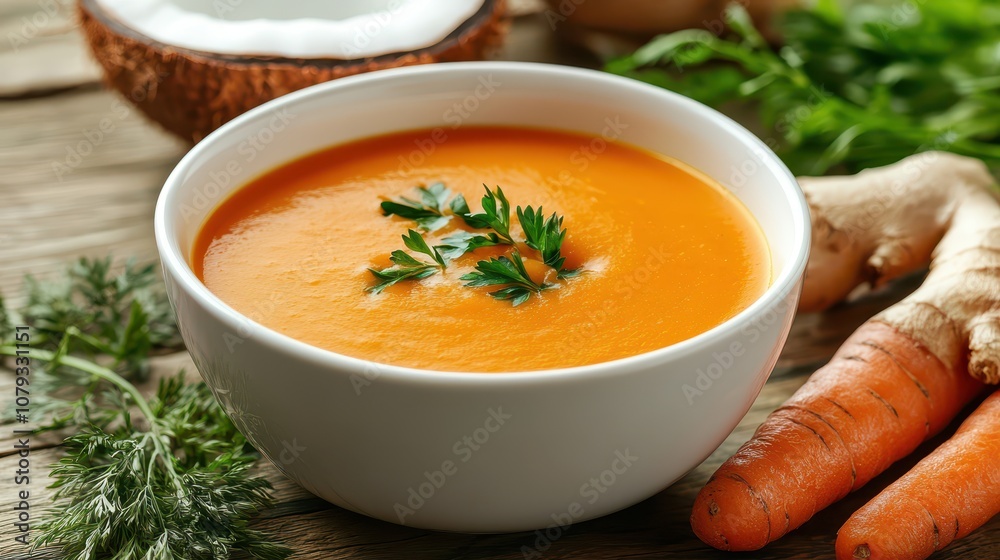 Carrot Ginger Soup in a White Bowl: Top View Flat Lay with Fresh Herbs and Coconut Cream Swirl. Clean Composition, Sharp Focus, and Soft Natural Lighting for Commercial Photography. Carrot Ginger Soup in a White Bowl: Top View Flat Lay with Fresh Herbs and Coconut Cream Swirl. Clean Composition, Sharp Focus, and Soft Natural Lighting for Commercial Photography.