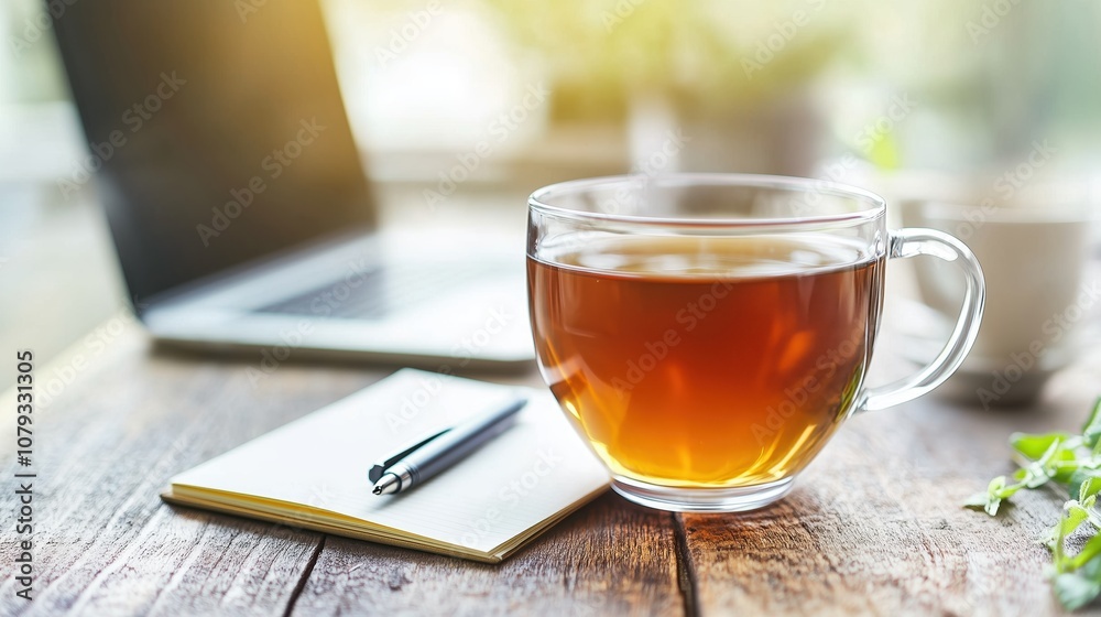 Glass mug with hot tea beside a notebook and pen on a wooden desk with a blurred laptop in the background. Glass mug with hot tea beside a notebook and pen on a wooden desk with a blurred laptop in the background.