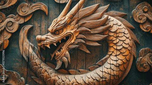 Carved Wood Dragon for Chinese New Year photo