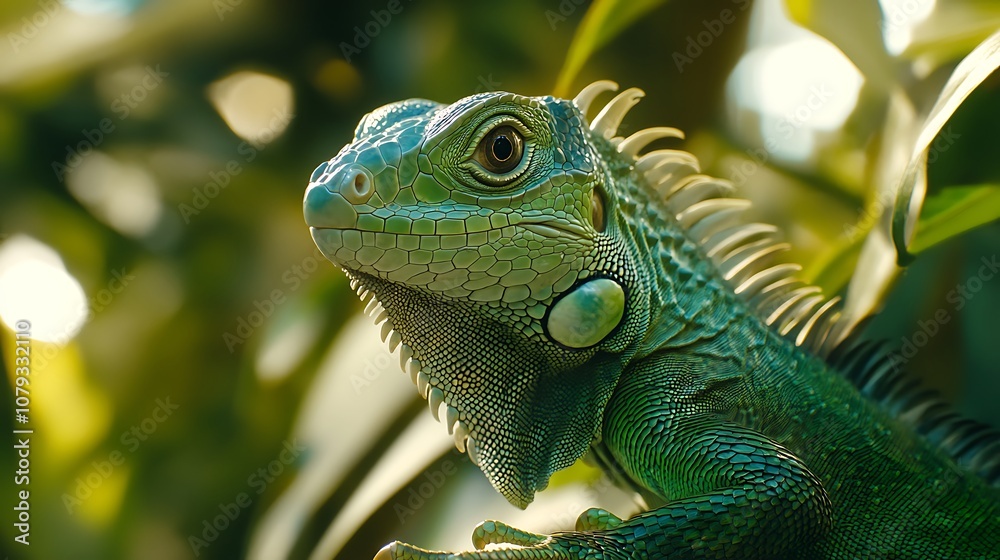 Close-up of a green iguana blending with the foliage. Close-up of a green iguana blending with the foliage.