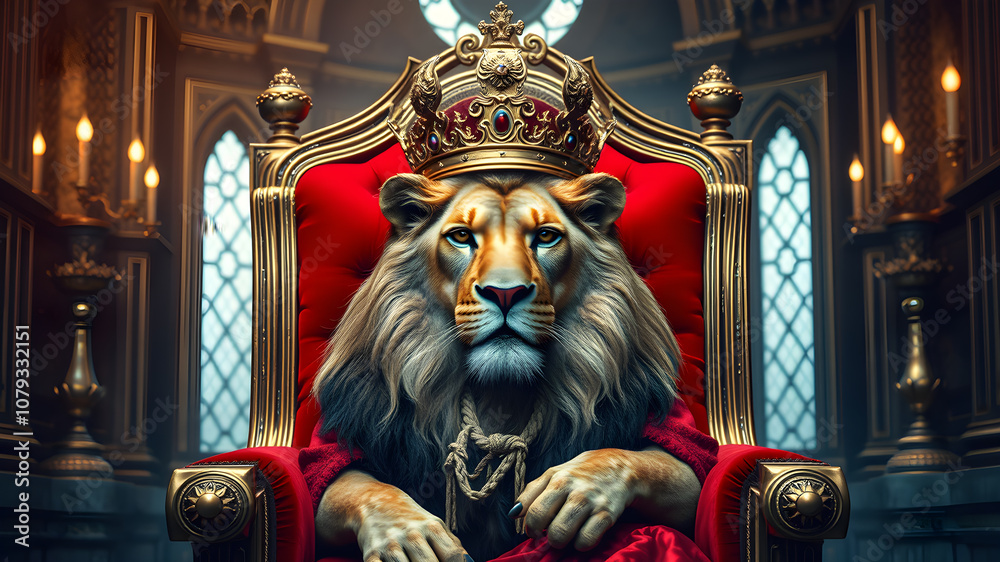 A royal lion king wearing a gold crown sits on a red throne in a luxurious castle. Generative AI A royal lion king wearing a gold crown sits on a red throne in a luxurious castle. Generative AI