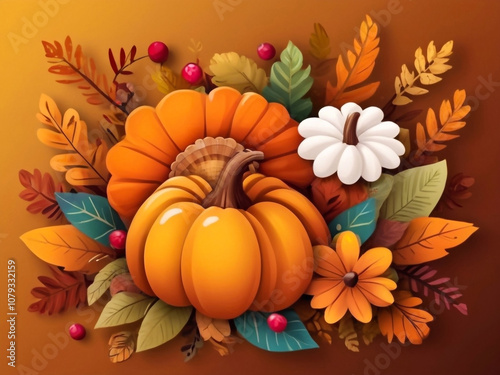Colorful autumn plants and pumpkins composition. Thanksgiving holiday concept banner design. Happy Thanksgiving day