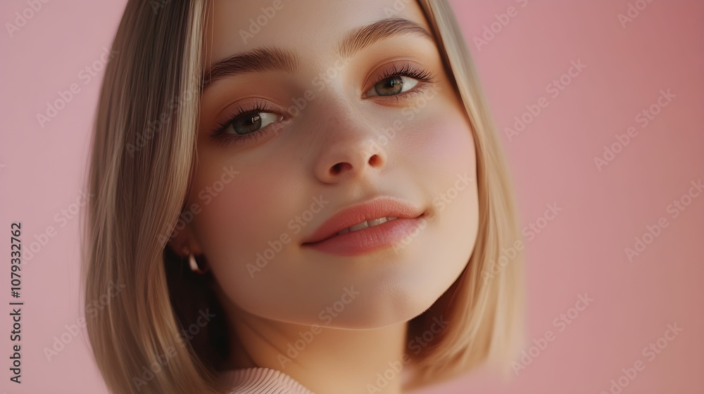 portret kobiety, profesjonalny makijaż, elegancja, reklama, gładkie tło, europejska kobieta, naturalne piękno, pastelowe tło, kobieca twarz, subtelny uśmiech, piękna kobieta, minimalizm, promienna cer