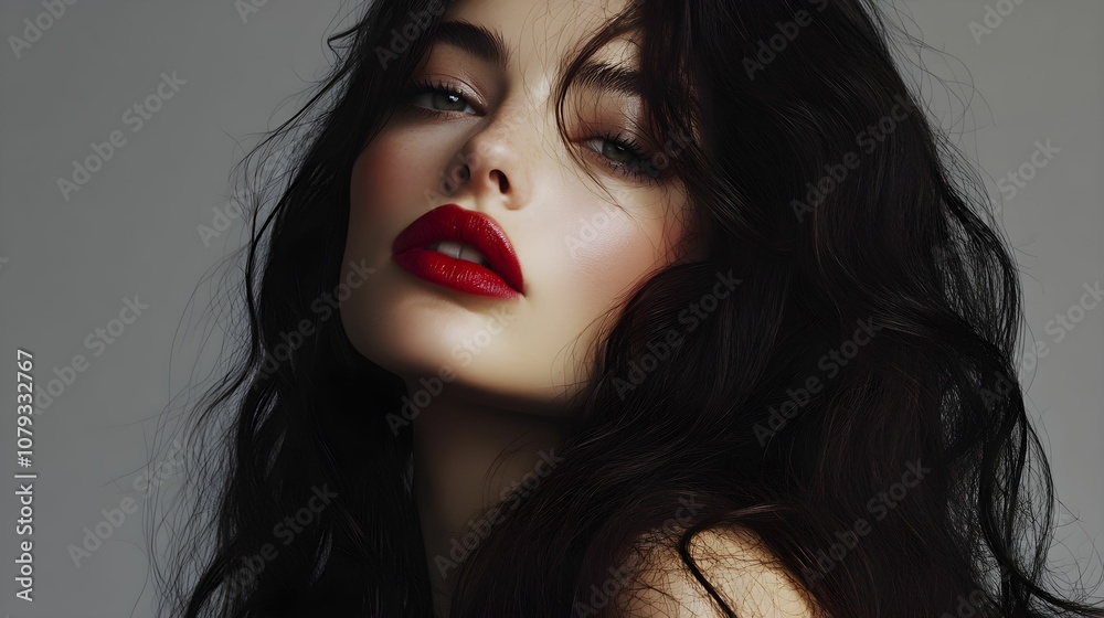 Obraz premium kobieta, piękna kobieta, brunetka, makijaż glamour, czerwona szminka, elegancja, stylizacja, portret kobiety, reklama kosmetyków, tło szare, profesjonalna fotografia, długie włosy, kobiecy portret, re