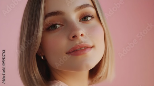 Obraz na płótnie portret kobiety, profesjonalny makijaż, elegancja, reklama, gładkie tło, europejska kobieta, naturalne piękno, pastelowe tło, kobieca twarz, subtelny uśmiech, piękna kobieta, minimalizm, promienna cer w salonie