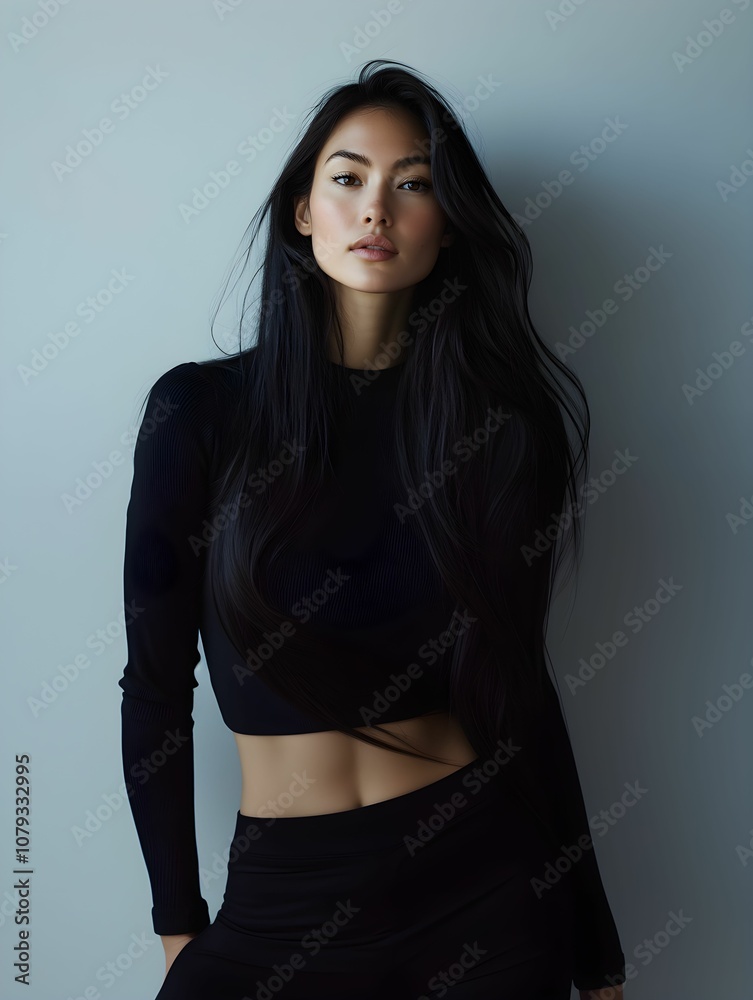 Naklejka premium kobieta, portret, profesjonalna fotografia, styl minimalistyczny, długie ciemne włosy, luksusowy wygląd, reklama mody, piękna skóra, promienna cera, stylizacja na szarości, subtelny makijaż, fotografi