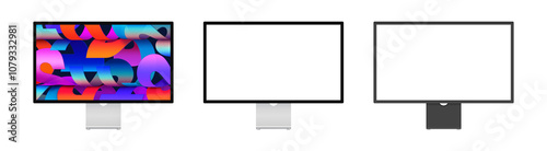 Apple Studio Display monitors with colorful and blank screens in silver and black stands