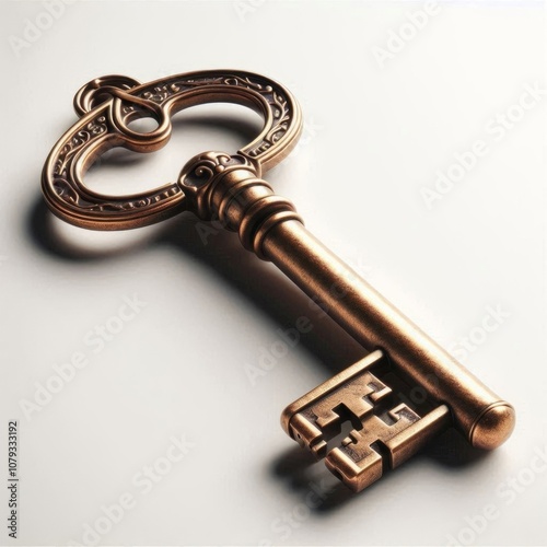 An ornate, antique-style bronze key with intricate, swirling designs on the bow and a detailed bit. AI generated. 