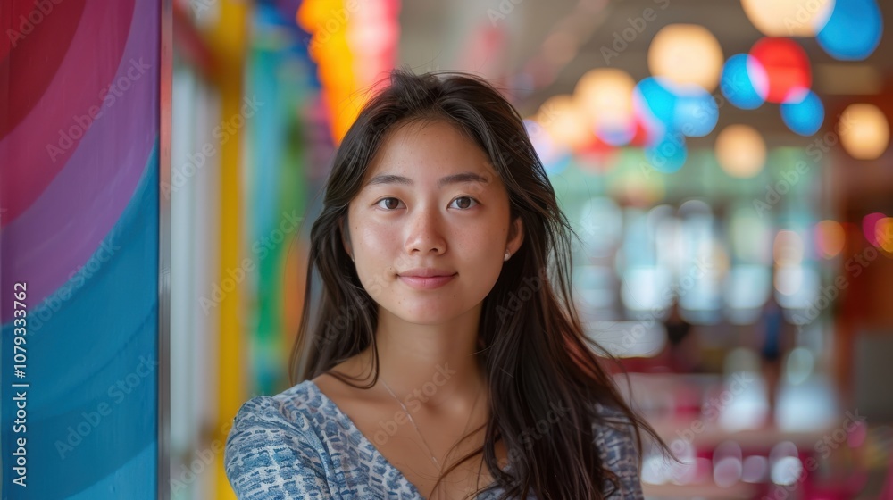 Amidst a spectrum of colors, a determined Asian student's poised posture signifies her dedication to academic excellence