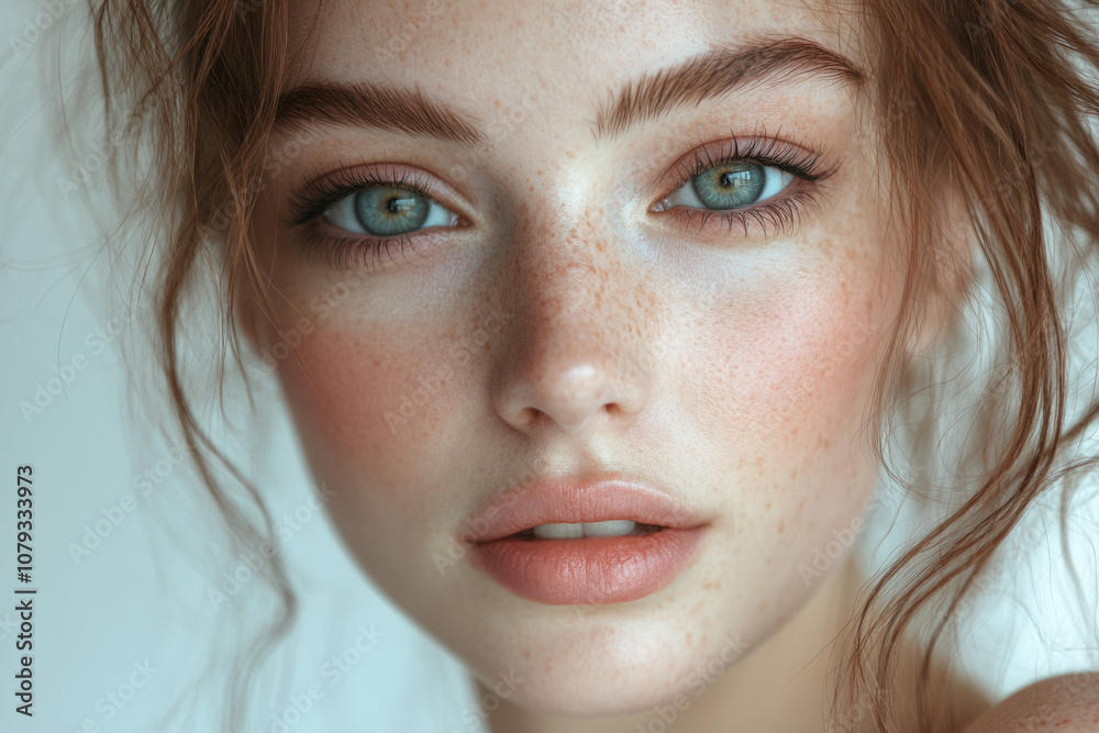 A young woman with striking green eyes and freckles poses softly indoors A young woman with striking green eyes and freckles poses softly indoors
