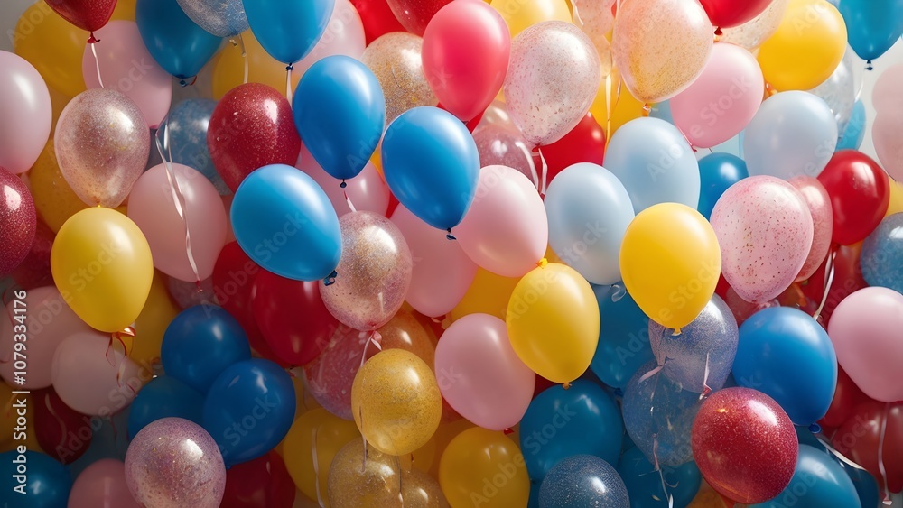 Joyful Floating Birthday Balloons with Glitter Sparkle on Festive Background Joyful Floating Birthday Balloons with Glitter Sparkle on Festive Background