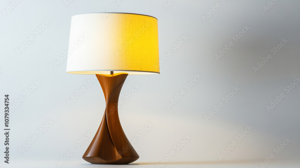 Elegant modern lamp with wooden base and soft white shade on display Elegant modern lamp with wooden base and soft white shade on display