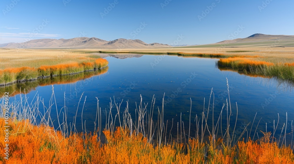 A serene landscape showcasing a calm body of water reflecting bright orange wildflowers against a backdrop of rolling hills under a clear blue sky A serene landscape showcasing a calm body of water reflecting bright orange wildflowers against a backdrop of rolling hills under a clear blue sky