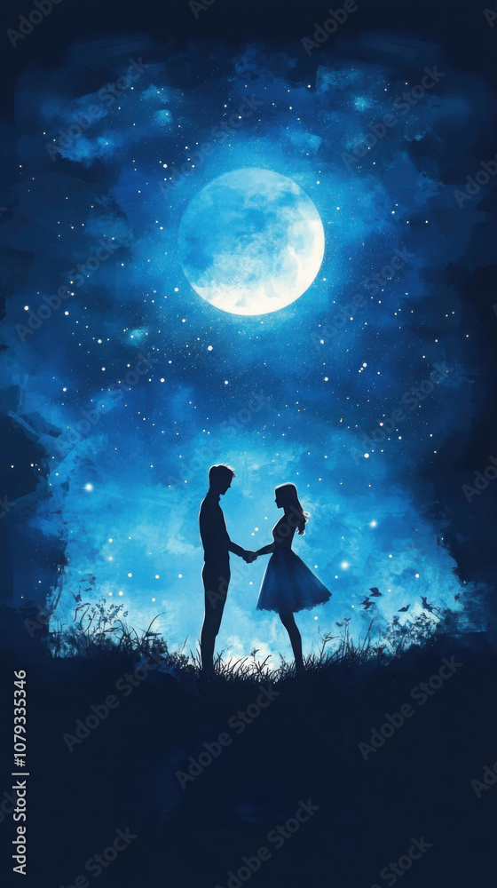 Romantic valentine's day night scene with couple under starry sky for greeting cards Romantic valentine's day night scene with couple under starry sky for greeting cards