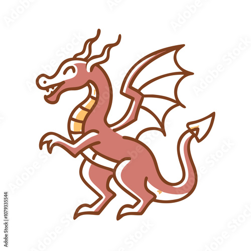 A playful vector icon of a cartoon dragon with a cheerful expression, standing upright and showcasing its wings, ideal for fantasy-themed designs and illustrations