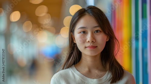 Amidst a spectrum of colors, a determined Asian student's poised posture signifies her dedication to academic excellence