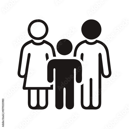 Family vector icon featuring two adults and one child standing together, symbolizing unity and togetherness in a simple design suitable for various uses
