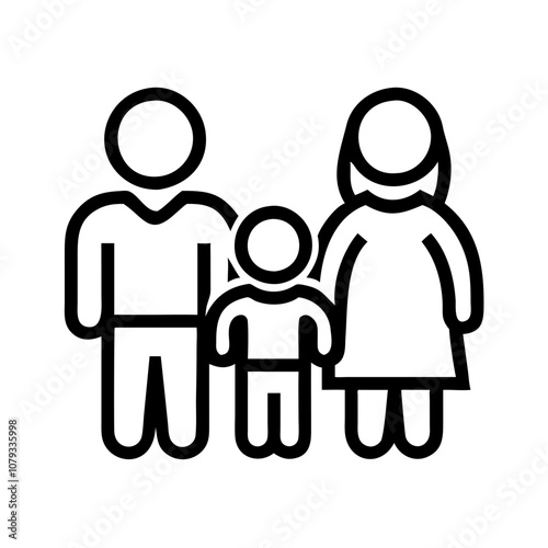 A simple vector icon depicting a family of three standing together in a playful and friendly manner, suitable for representing family-oriented themes in various contexts