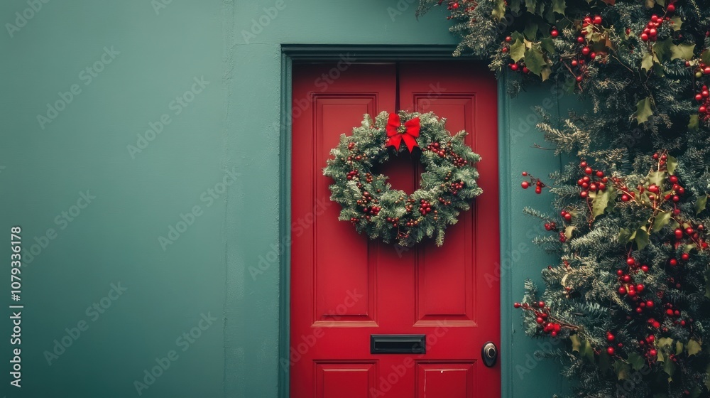 A festive red door adorned with a holiday wreath and greenery. A festive red door adorned with a holiday wreath and greenery.