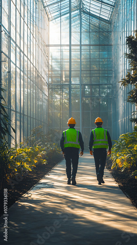 Two engineers walking inside a modern greenhouse, inspecting the growth of plants under sunlight